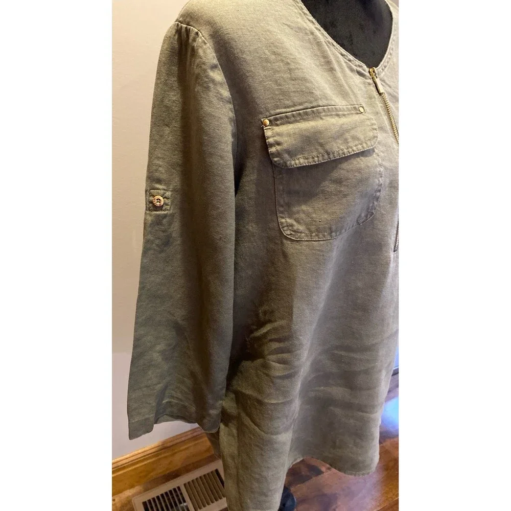Jones New York Sport Linen Blouse Size Medium Olive Green Tunic‎ Top  Zip Front